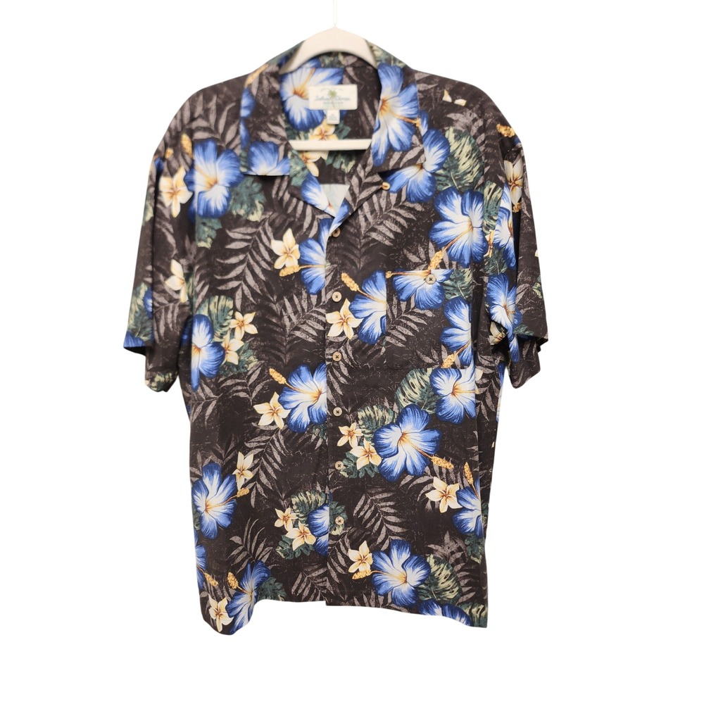 Island Shores Mens XL Washable Silk Hawaiian Shirt Blue Hibiscus Floral Tropical